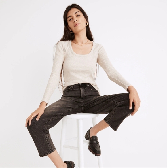 NWT Madewell Pointelle Square-Scoop Tee Rose Pink Ribbed Knit Long Sleeve XLarge - Picture 2 of 6